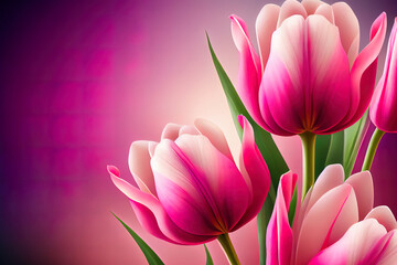 Fototapeta na wymiar Mothers day colored flowers composition with beautiful pink tulips on white background. Generative Ai