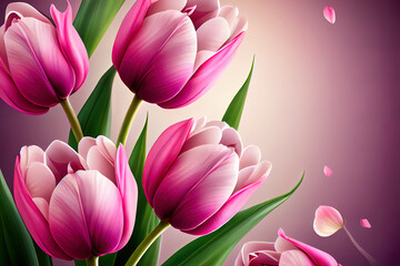 Pink tulips floral Background with copy space, realistic. Generative Ai