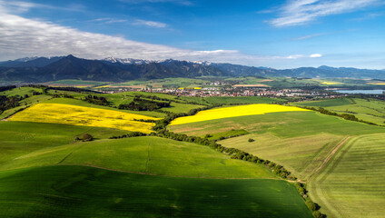 Beautiful country landscape with green, yellow fields and Low Tatras mountains at backgorund