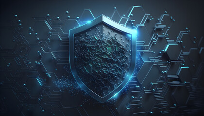 Cyber security concept. Shield with digital information. 3D Rendering