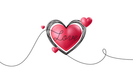 Continuous line love background. Valentine or Mothers day banner with 3d heart. Hand drawn continuous line art. Love anniversary curve line decoration. 3d heart pattern. Vector illustration