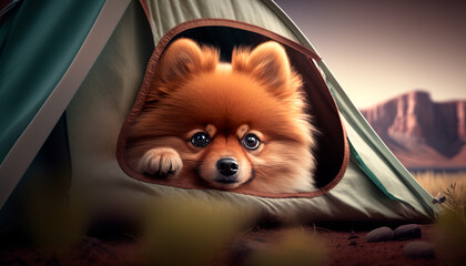 Camping companion: Pomeranian pup peeking out of tent