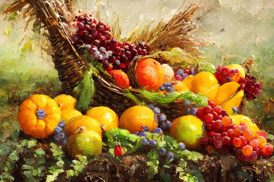 Fruits background with ripe fruits drawn in a style imitating oil painting. 3d illustration of still life, harvest festival concept. Generative Ai.