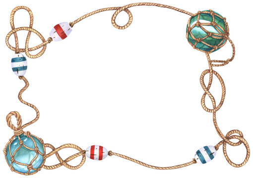 Watercolor nautical illustrations. Frame of rope, knots and glass floats on transparent background
