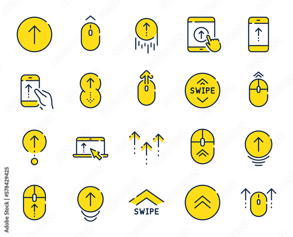 Poster swipe up line icons. scrolling mouse, landing page swipe signs. scroll up mobile device technology i