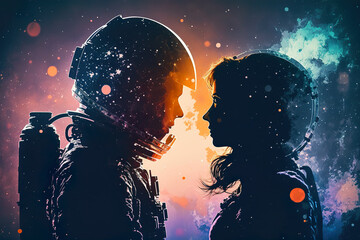 Astronaut in space suit and woman standing together love knows no bounds. Couple silhouette on dark cosmic background. Cosmic love. AI generated vector illustration.