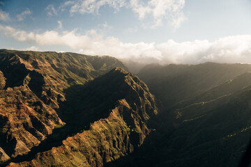 Aerial view of Waimea Canyon Grand Canyon of the Pacific on the western side of Kauai island in...