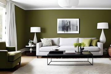 Modern living room interior with stylish comfortable sofa, wall color Orion Olive