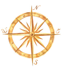 Watercolor nautical illustrations. Drawing of rose of wind on transparent background