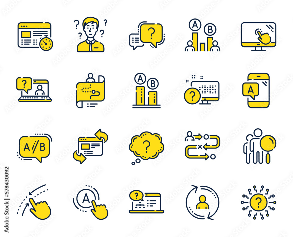 Poster ux line icons. set of ab testing, journey path map and question mark icons. usability quiz test, ux 