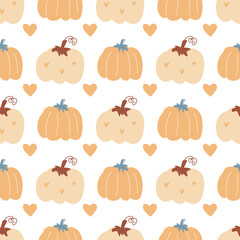Yellow orange pumpkins vector pattern with heart. Autumn fall farmhouse seamless background. Thanksgiving pumpkin