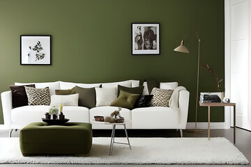 Modern living room interior with stylish comfortable sofa, wall color Orion Olive