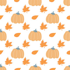 Pumpkin vector pattern. Autumn fall farmhouse seamless background. Thanksgiving yellow pumpkin with orange leaves