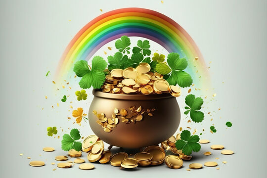 Banner with pot of gold coins clover leaves and rainbow, concept of Leprechaun and Luck, created with Generative AI technology