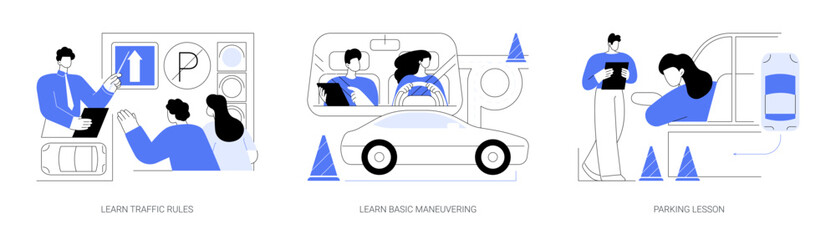 Car driving school abstract concept vector illustrations.