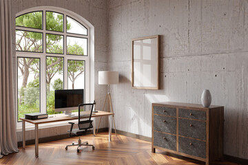 comfortable workplace with pc standing on wooden desk in office at home; bright sunlight shines from side through window; wall; with canvas copy space;  remote work freelance concept; 3D Illustration