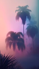Fototapeta na wymiar Palm trees in neon light. Tropical summer landscape of exotic trees in the fog. Generative AI art.
