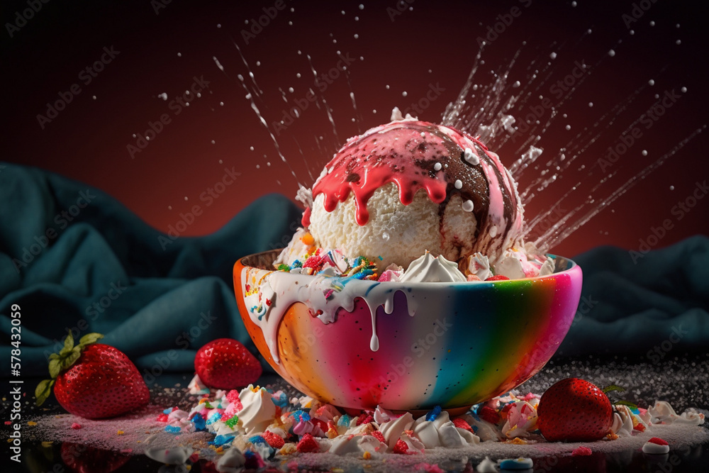 Sticker Melted ice cream crystal bowl with fruits Generative AI