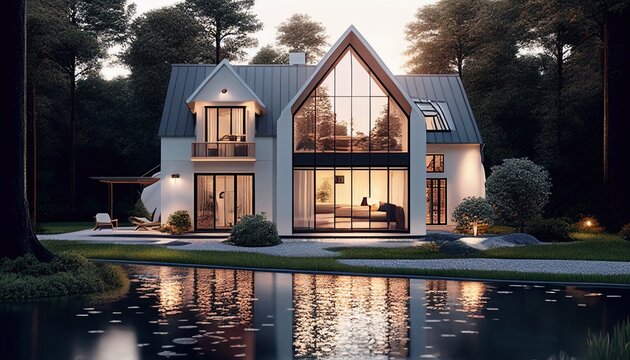 modern house of sandwich panels with panoramic windows environmentally frien dly home building modular housing. Generative AI
