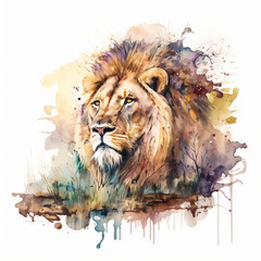 Watercolor Image Of Lion Head. Generative AI