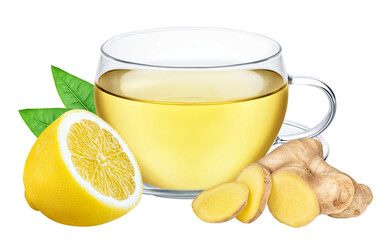 Cup of tea with ginger and lemon isolated on white or transparent background. Herbal hot drink.