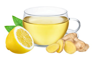 Cup of tea with ginger and lemon isolated on white or transparent background. Herbal hot drink.