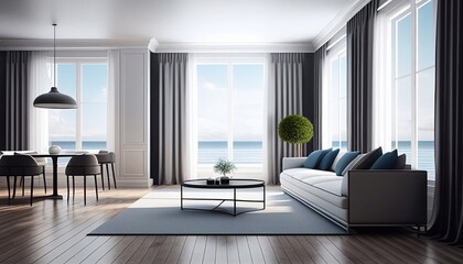 Panoramic window. Interior of room with a view to ocean landscape. Resort apartments or hotel with big sea view window. Modern summer background