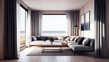 Panoramic window. Interior of room with a view to ocean landscape. Resort apartments or hotel with big sea view window. Modern summer background Generative AI