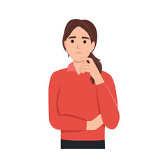 A beautiful woman with her hand on her chin showing a thought, thinking, or having a question. Vector illustration.