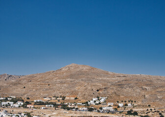 Landscape with hills above old city of Lindos on Rhodes Island