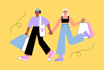 Beautiful couple walking with shopping bags. Vector flat illustration of diverse people. Modern trendy style