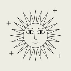 Bohemian sun with face. Vector outline illustration on isolated background. Tarot, mystic concept. 