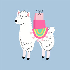 Cute funny llama with stuck of gift boxes. Alpaca animal. Vector flat illustration.