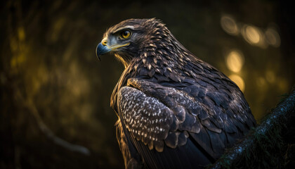 Portrait of a buzzard, bird of prey in woodland.