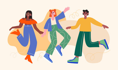Group of young cheerful dancing people. Happy team of friends celebrating on the party. Vector illustration of flat diverse people. 