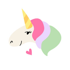 Cute unicorn face with heart. Vector illustration on isolated background