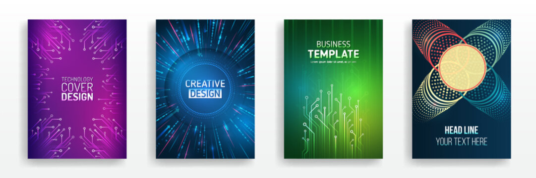 Blue hi-tech vector illustrations for business presentations. Futuristic business posters. Technology covers corporate documents. Layout template science designs. Brochure, flyer, book, annual report.
