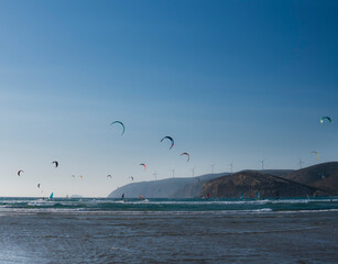 Windsurfing and kitesurfing at Prasonisi Beach at Rhodes Islnad in Greece