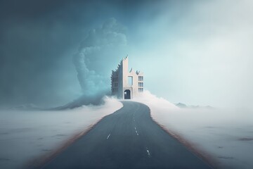 Concept art of surreal road, way, lost, life and endless. conceptual 3d illustration. mysteryof building in nature landscape. painting artwork. Ai