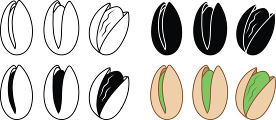 Pistachio Nuts Clipart Set - Outline, Silhouette & Color