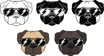 Pug Wearing Sunglasses Clipart Set - Outline, Silhouette & Color