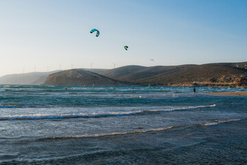 Windsurfing and kitesurfing at Prasonisi Beach at Rhodes Islnad in Greece
