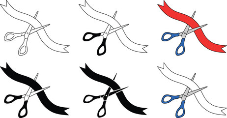 Ribbon Cutting Clipart Set - Outline, Silhouette & Color
