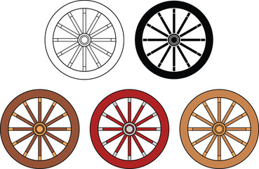 Fototapeta premium Wood Wagon Wheel Clipart - Outline, Silhouette & Color