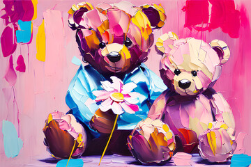 Oil painting of a teddy bear holding a rose, with bold brushwork and paint splatters. Generated with Artificial Intelligence.