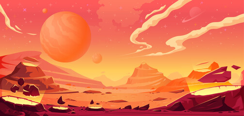 Vector illustration Mars surface landscape, the mysterious red planet, red dessert with mountains, craters, and shinning stars, Martian extraterrestrial computer game backdrop, cartoon world, banner