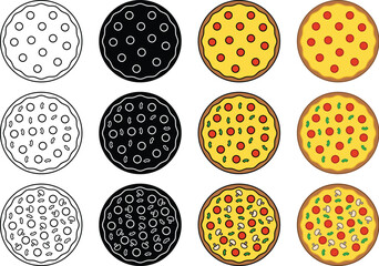 Fototapeta na wymiar Whole Pizza Clipart Set - Outline, Silhouette and Color