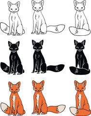 Sitting Fox Clipart Set - Outline, Silhouette & Color
