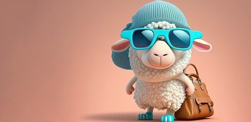 Traveller sheep wearing blue hat and sunglasses on pink background. Generative AI