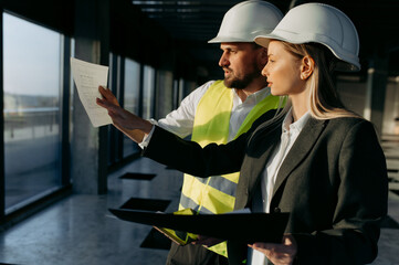 A business woman and an architect are talking about a project in an office interior. author...
